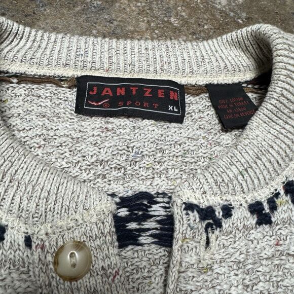 VTG Jantzen Pullover Sweater 100% Cotton Beige XL Fair Isle Fisherman Grandpa - Picture 2 of 9